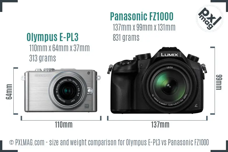Olympus E-PL3 vs Panasonic FZ1000 size comparison