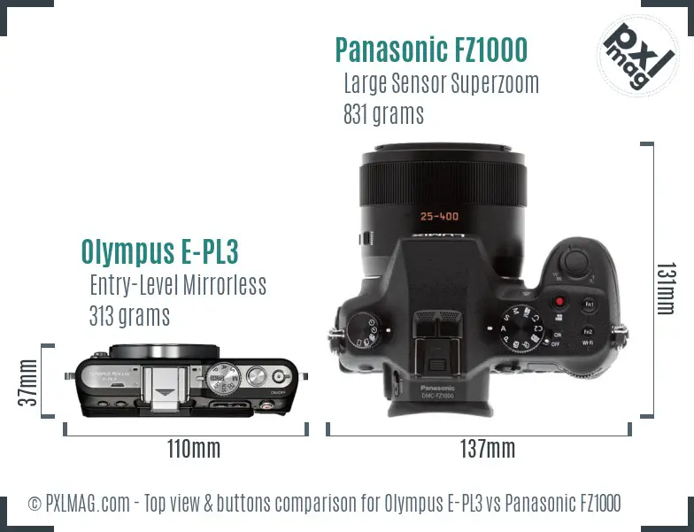 Olympus E-PL3 vs Panasonic FZ1000 top view buttons comparison