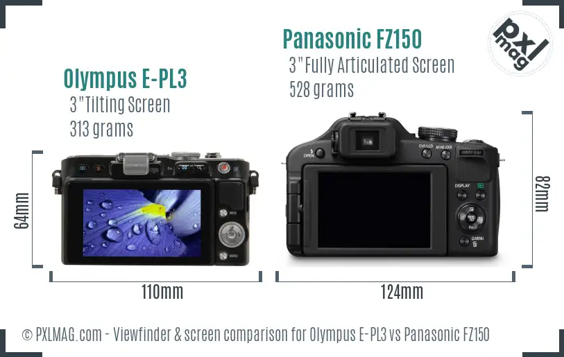 Olympus E-PL3 vs Panasonic FZ150 Screen and Viewfinder comparison