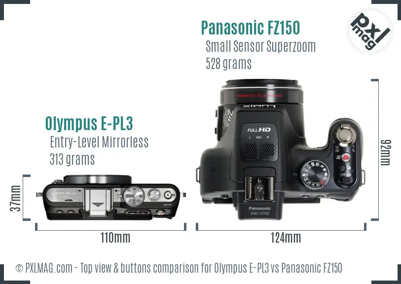 Olympus E-PL3 vs Panasonic FZ150 top view buttons comparison