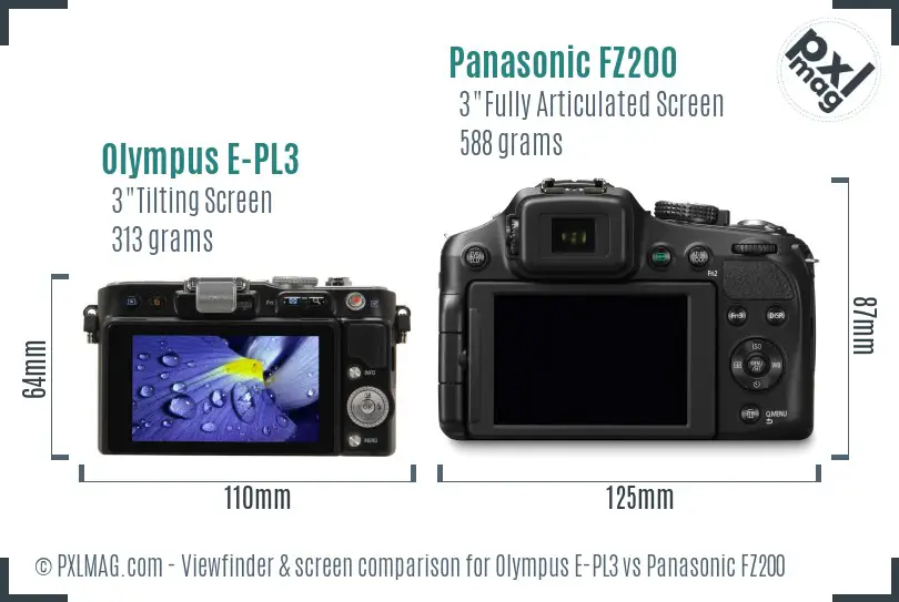 Olympus E-PL3 vs Panasonic FZ200 Screen and Viewfinder comparison