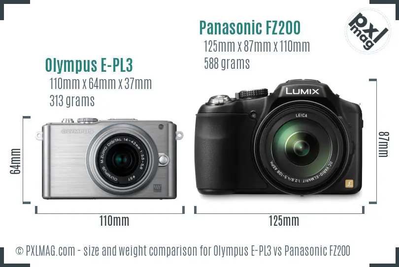 Olympus E-PL3 vs Panasonic FZ200 size comparison