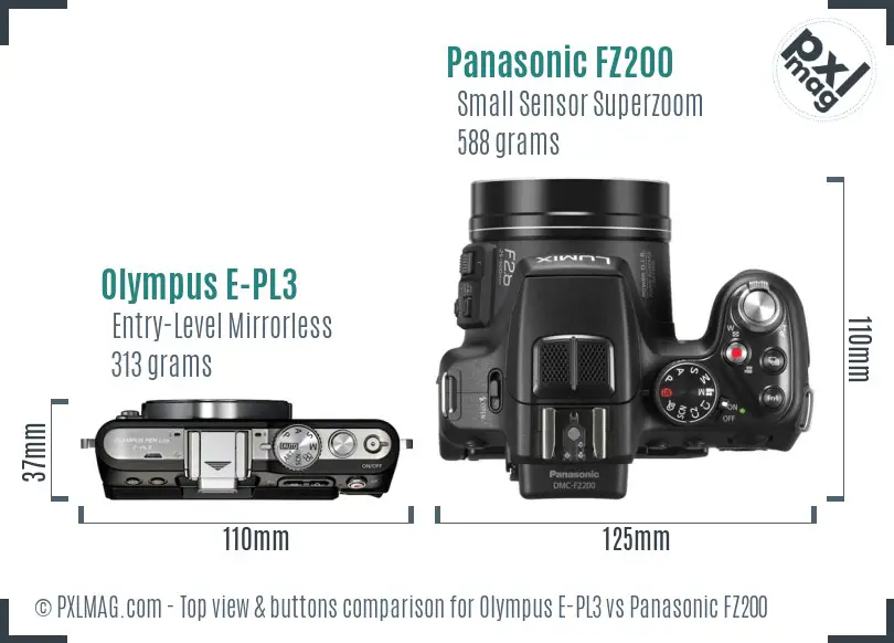 Olympus E-PL3 vs Panasonic FZ200 top view buttons comparison