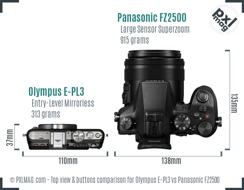 Olympus E-PL3 vs Panasonic FZ2500 top view buttons comparison