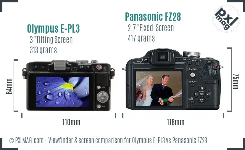 Olympus E-PL3 vs Panasonic FZ28 Screen and Viewfinder comparison