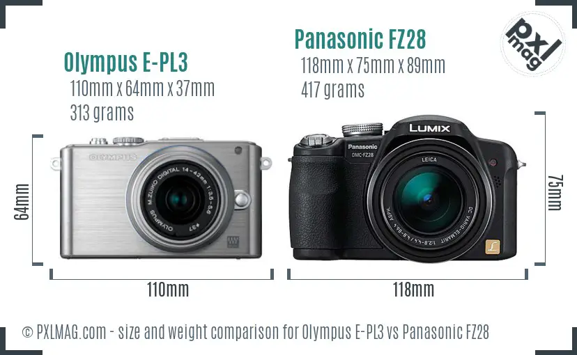 Olympus E-PL3 vs Panasonic FZ28 size comparison