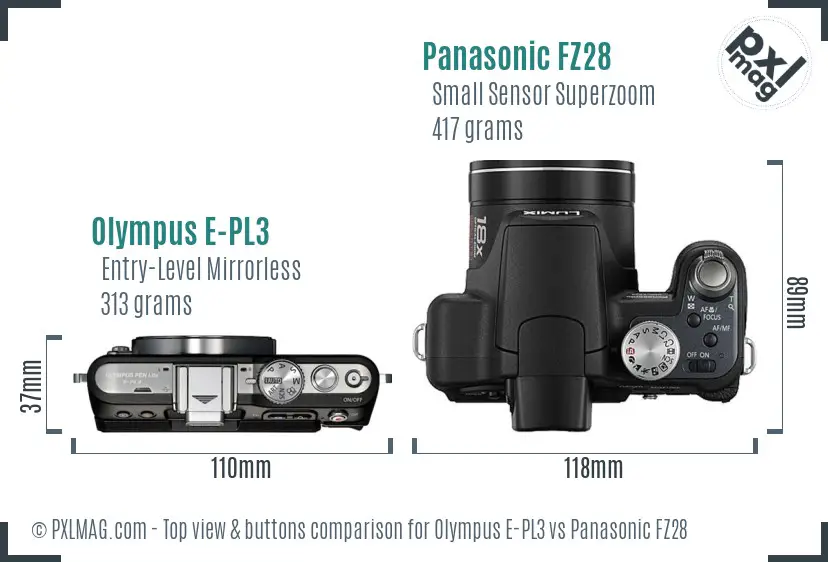 Olympus E-PL3 vs Panasonic FZ28 top view buttons comparison