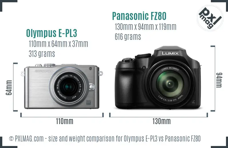 Olympus E-PL3 vs Panasonic FZ80 size comparison