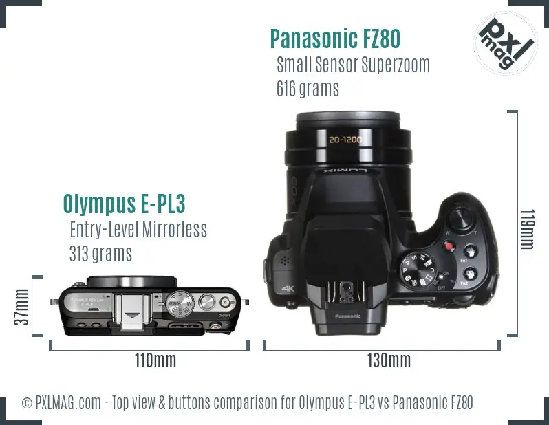 Olympus E-PL3 vs Panasonic FZ80 top view buttons comparison