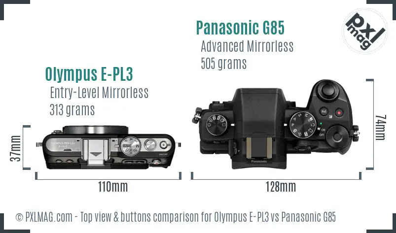 Olympus E-PL3 vs Panasonic G85 top view buttons comparison