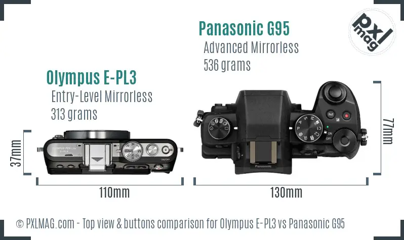 Olympus E-PL3 vs Panasonic G95 top view buttons comparison
