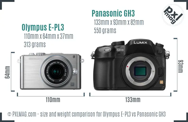 Olympus E-PL3 vs Panasonic GH3 size comparison