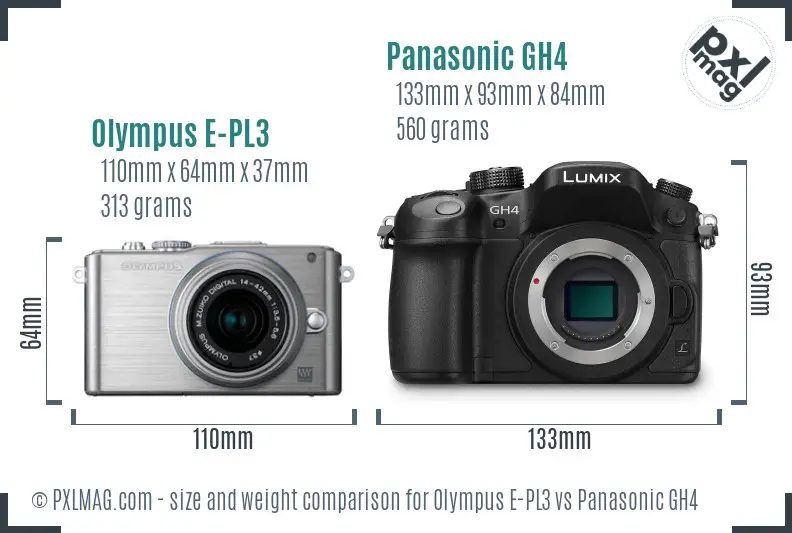 Olympus E-PL3 vs Panasonic GH4 size comparison