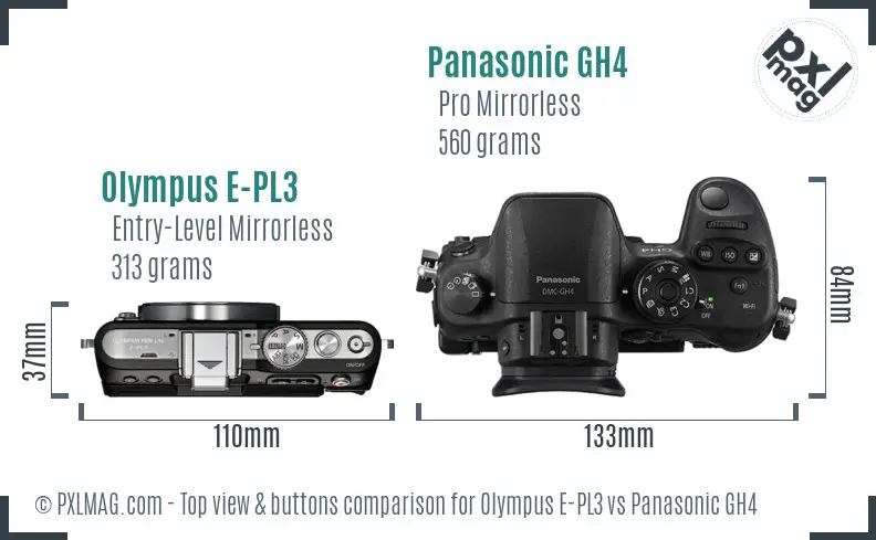 Olympus E-PL3 vs Panasonic GH4 top view buttons comparison