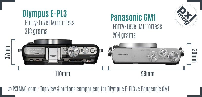 Olympus E-PL3 vs Panasonic GM1 top view buttons comparison