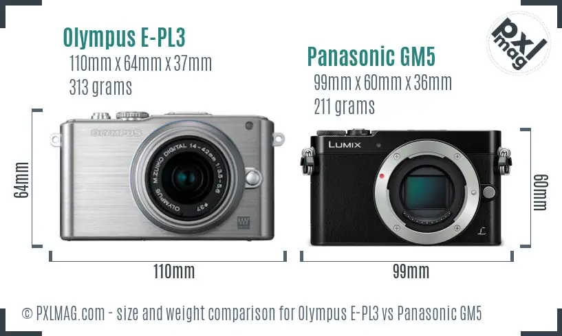 Olympus E-PL3 vs Panasonic GM5 size comparison