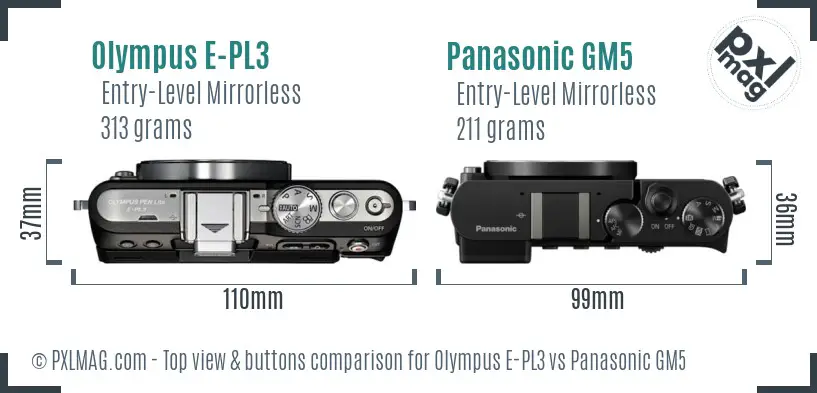 Olympus E-PL3 vs Panasonic GM5 top view buttons comparison