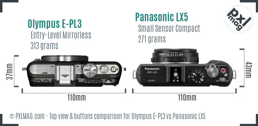 Olympus E-PL3 vs Panasonic LX5 top view buttons comparison