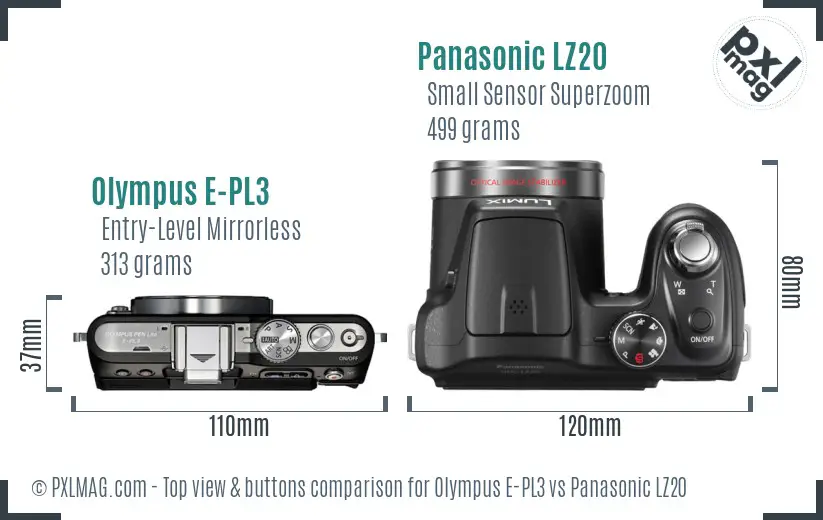 Olympus E-PL3 vs Panasonic LZ20 top view buttons comparison