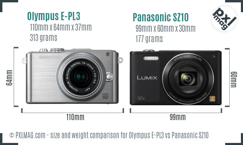 Olympus E-PL3 vs Panasonic SZ10 size comparison