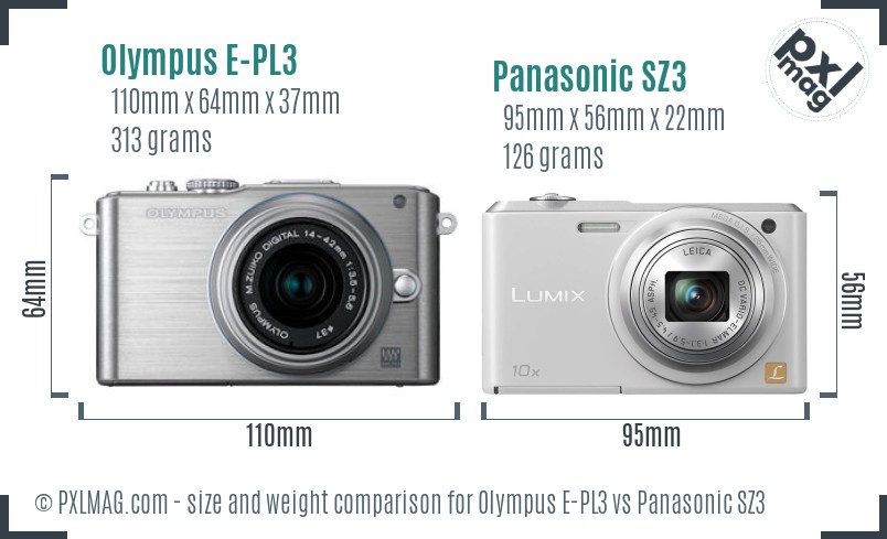 Olympus E-PL3 vs Panasonic SZ3 size comparison