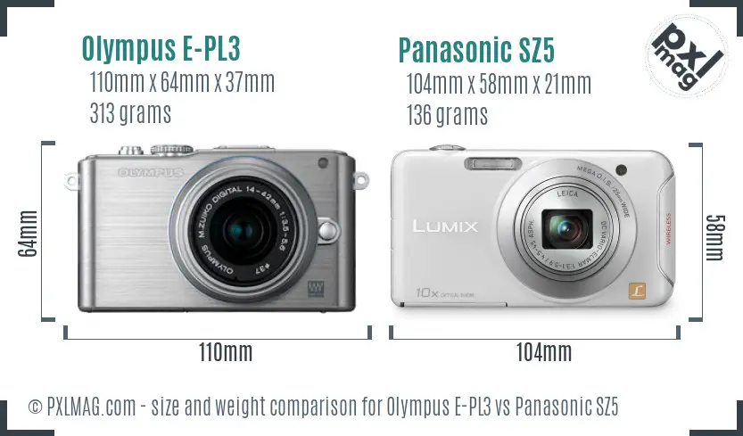 Olympus E-PL3 vs Panasonic SZ5 size comparison