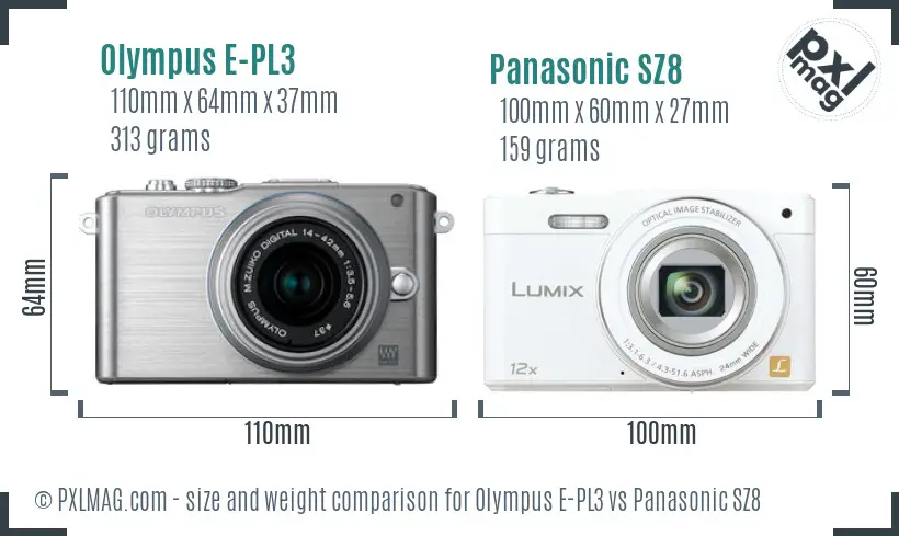 Olympus E-PL3 vs Panasonic SZ8 size comparison