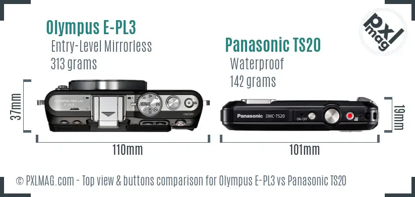 Olympus E-PL3 vs Panasonic TS20 top view buttons comparison
