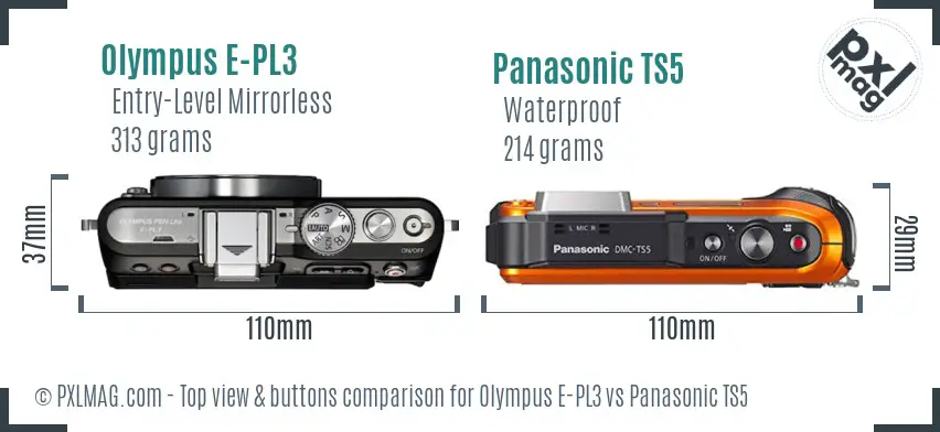 Olympus E-PL3 vs Panasonic TS5 top view buttons comparison