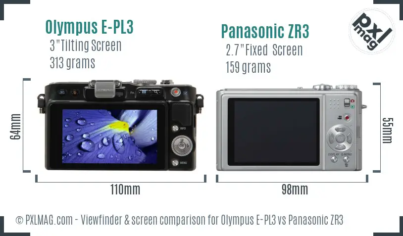 Olympus E-PL3 vs Panasonic ZR3 Screen and Viewfinder comparison