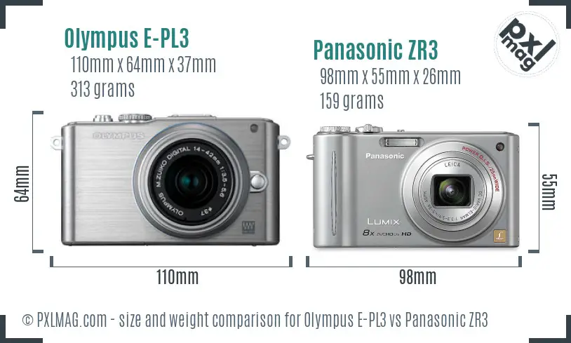 Olympus E-PL3 vs Panasonic ZR3 size comparison