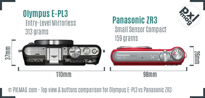 Olympus E-PL3 vs Panasonic ZR3 top view buttons comparison