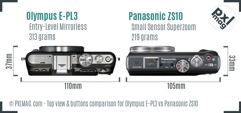 Olympus E-PL3 vs Panasonic ZS10 top view buttons comparison