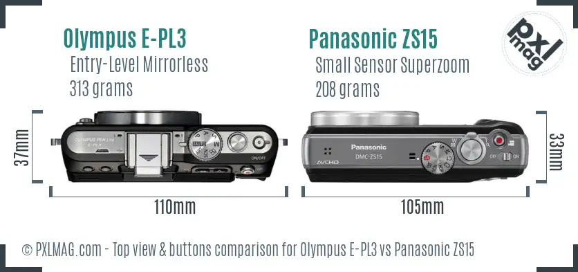 Olympus E-PL3 vs Panasonic ZS15 top view buttons comparison
