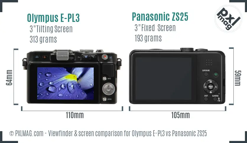Olympus E-PL3 vs Panasonic ZS25 Screen and Viewfinder comparison