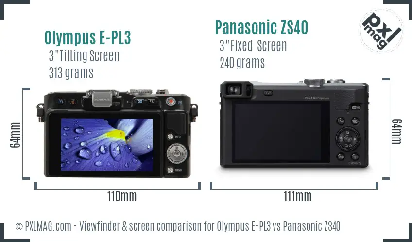 Olympus E-PL3 vs Panasonic ZS40 Screen and Viewfinder comparison