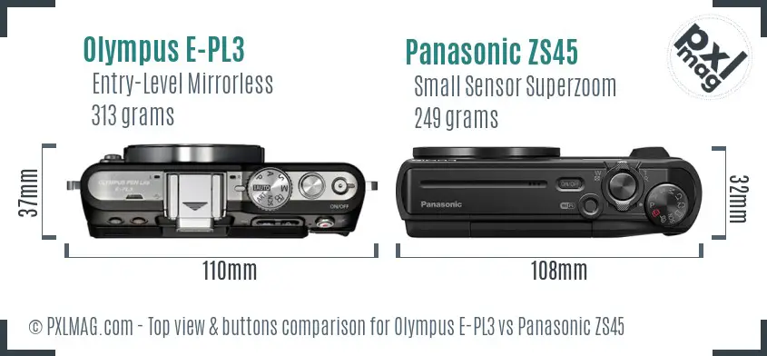 Olympus E-PL3 vs Panasonic ZS45 top view buttons comparison