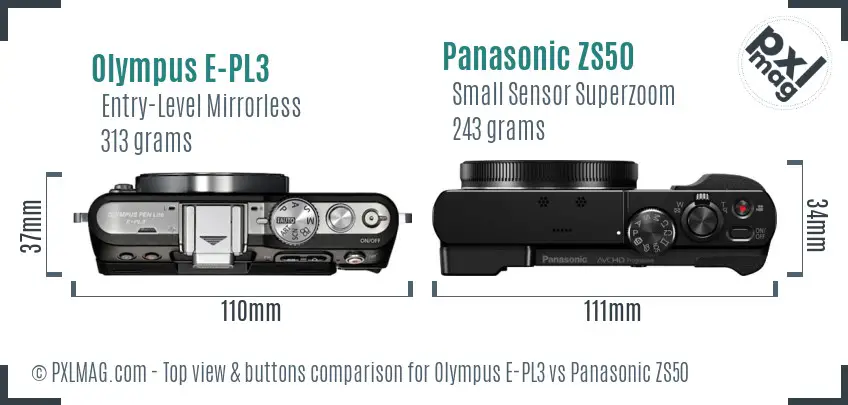Olympus E-PL3 vs Panasonic ZS50 top view buttons comparison