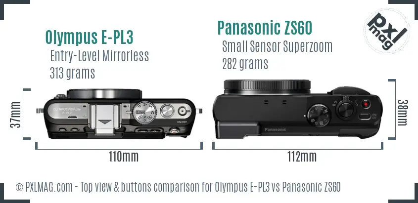Olympus E-PL3 vs Panasonic ZS60 top view buttons comparison