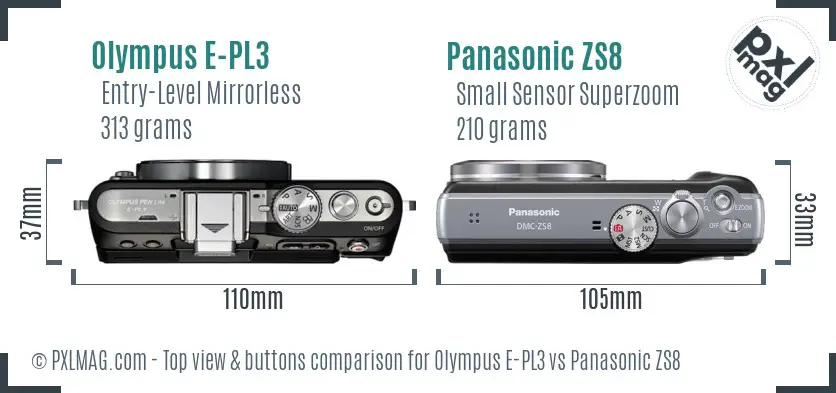 Olympus E-PL3 vs Panasonic ZS8 top view buttons comparison