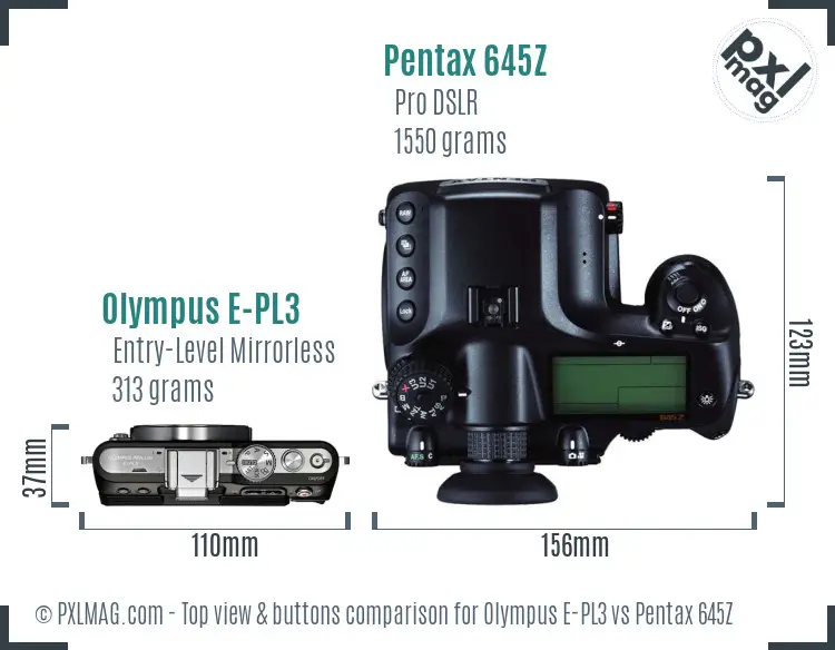 Olympus E-PL3 vs Pentax 645Z top view buttons comparison
