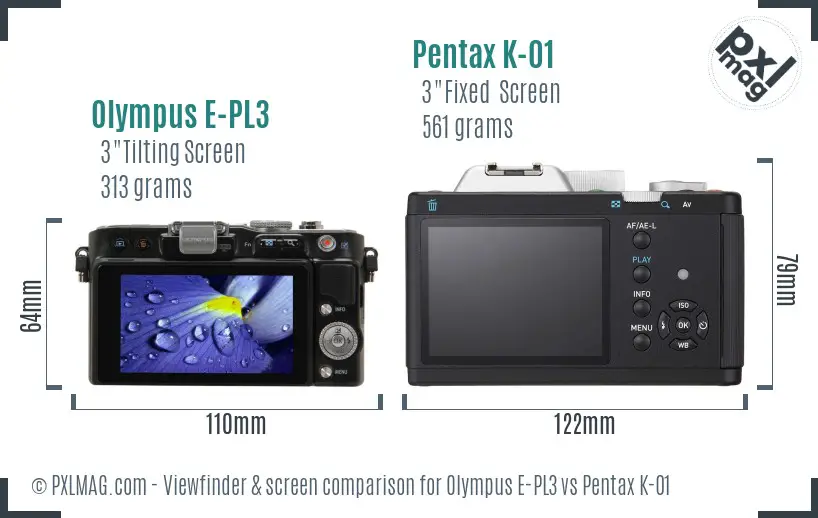 Olympus E-PL3 vs Pentax K-01 Screen and Viewfinder comparison