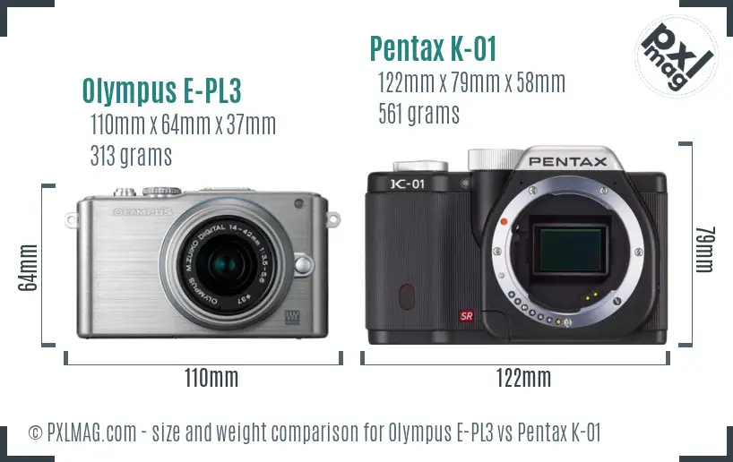 Olympus E-PL3 vs Pentax K-01 size comparison
