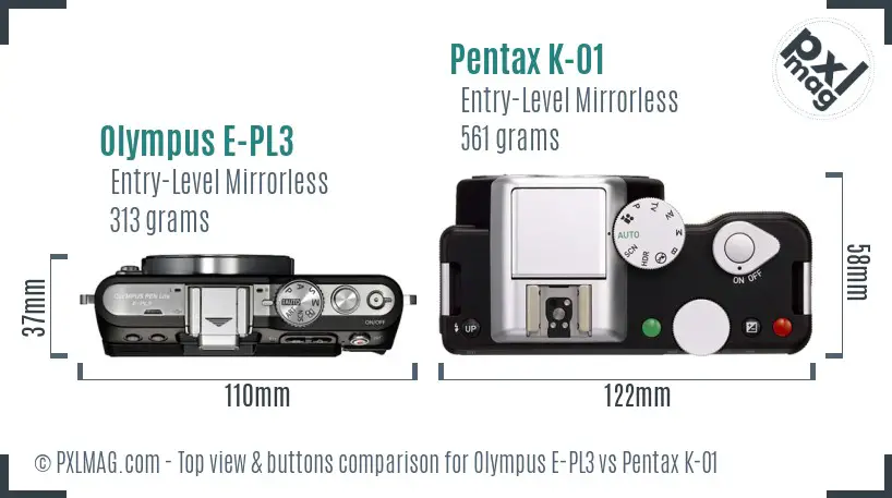 Olympus E-PL3 vs Pentax K-01 top view buttons comparison
