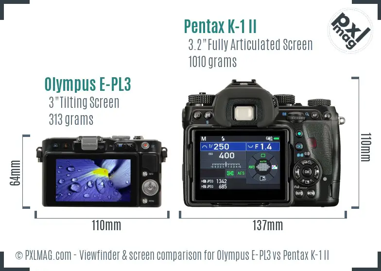 Olympus E-PL3 vs Pentax K-1 II Screen and Viewfinder comparison