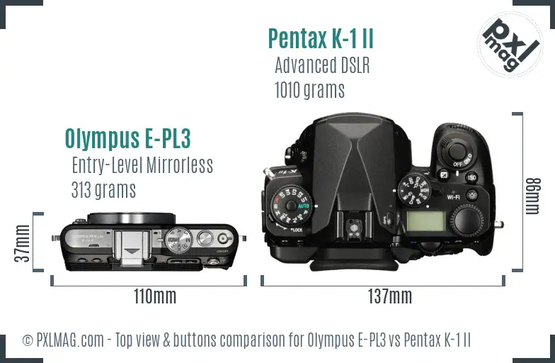 Olympus E-PL3 vs Pentax K-1 II top view buttons comparison