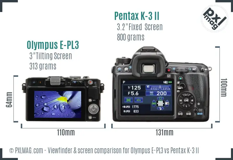Olympus E-PL3 vs Pentax K-3 II Screen and Viewfinder comparison