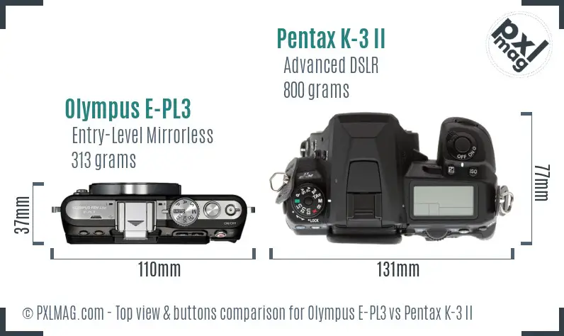 Olympus E-PL3 vs Pentax K-3 II top view buttons comparison
