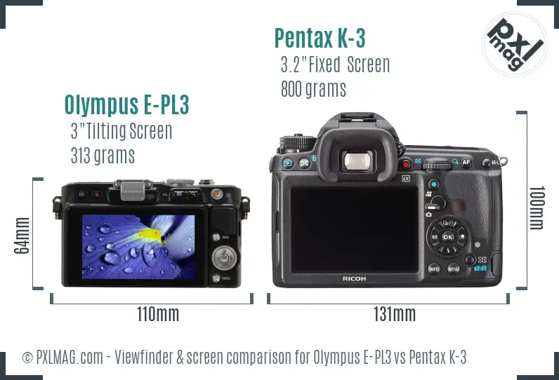 Olympus E-PL3 vs Pentax K-3 Screen and Viewfinder comparison