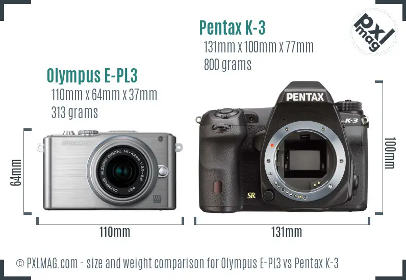 Olympus E-PL3 vs Pentax K-3 size comparison